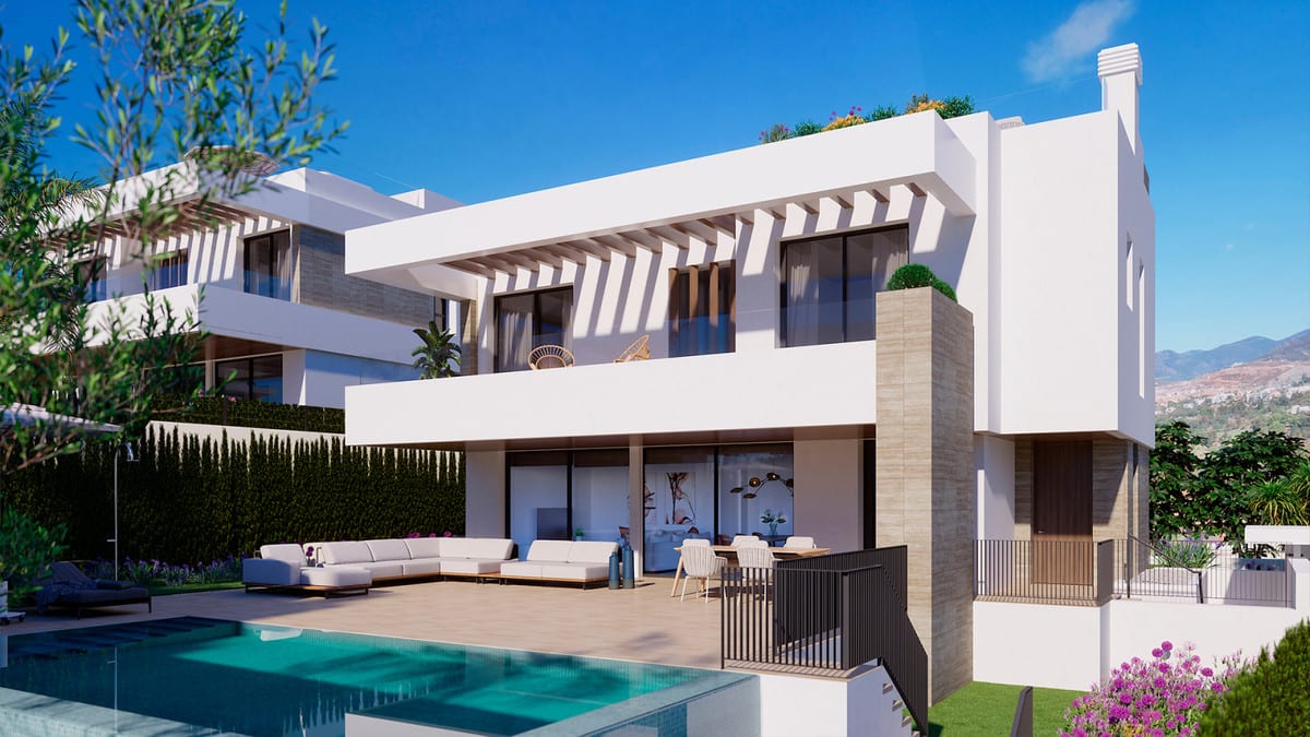 Visualisation of the layered façade with white volumes, beige accents, horizontal louvres and a pool terrace.