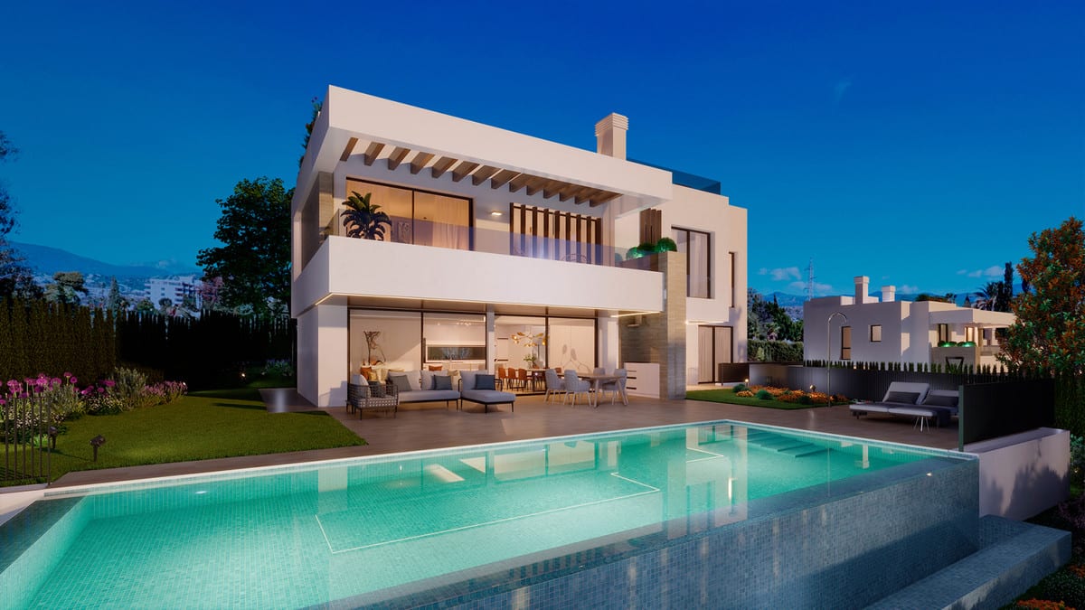 Evening visualisation with illuminated interiors, terrace and swimming pool.