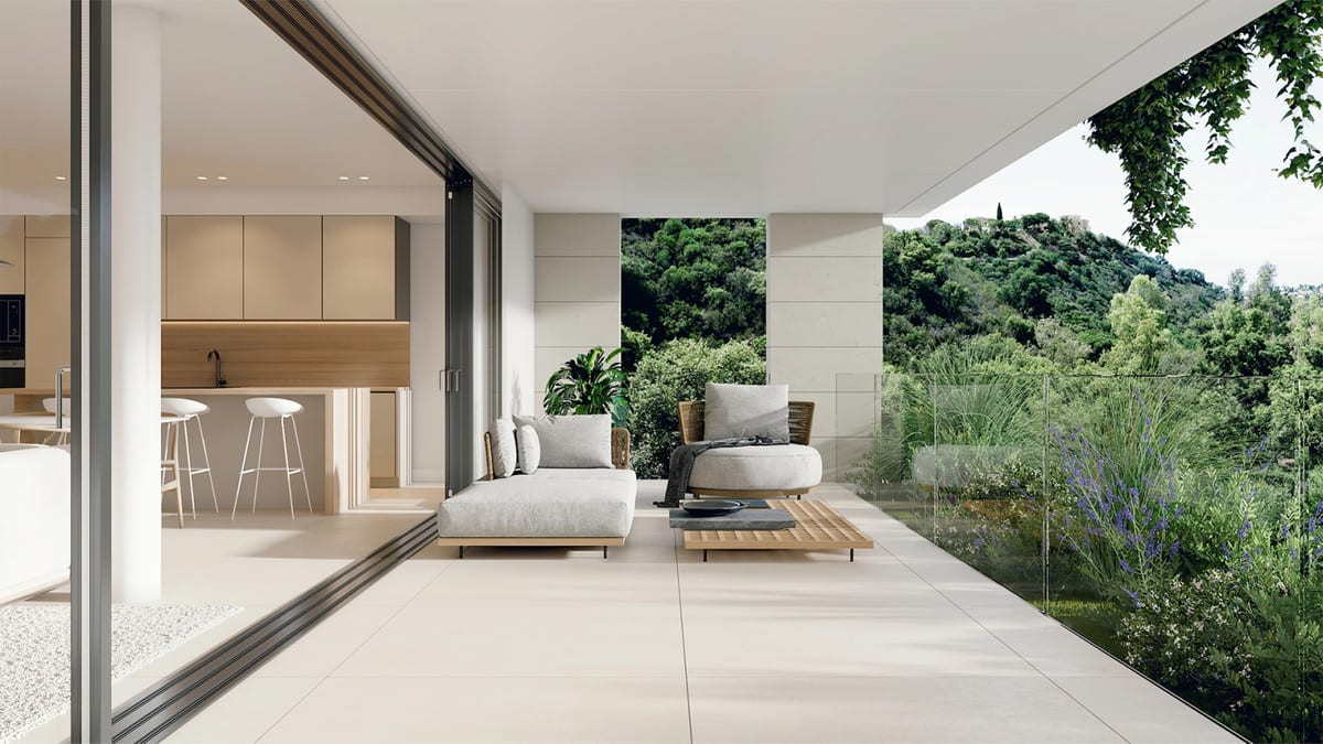 Project visualisation — SIRA HOMES: Covered terrace with seating beside the open kitchen.