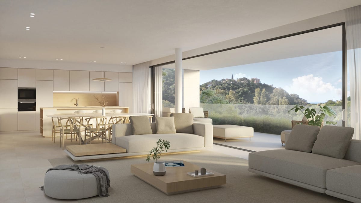 Project visualisation — SIRA HOMES: Open living room and kitchen with large glazed openings towards the hills.