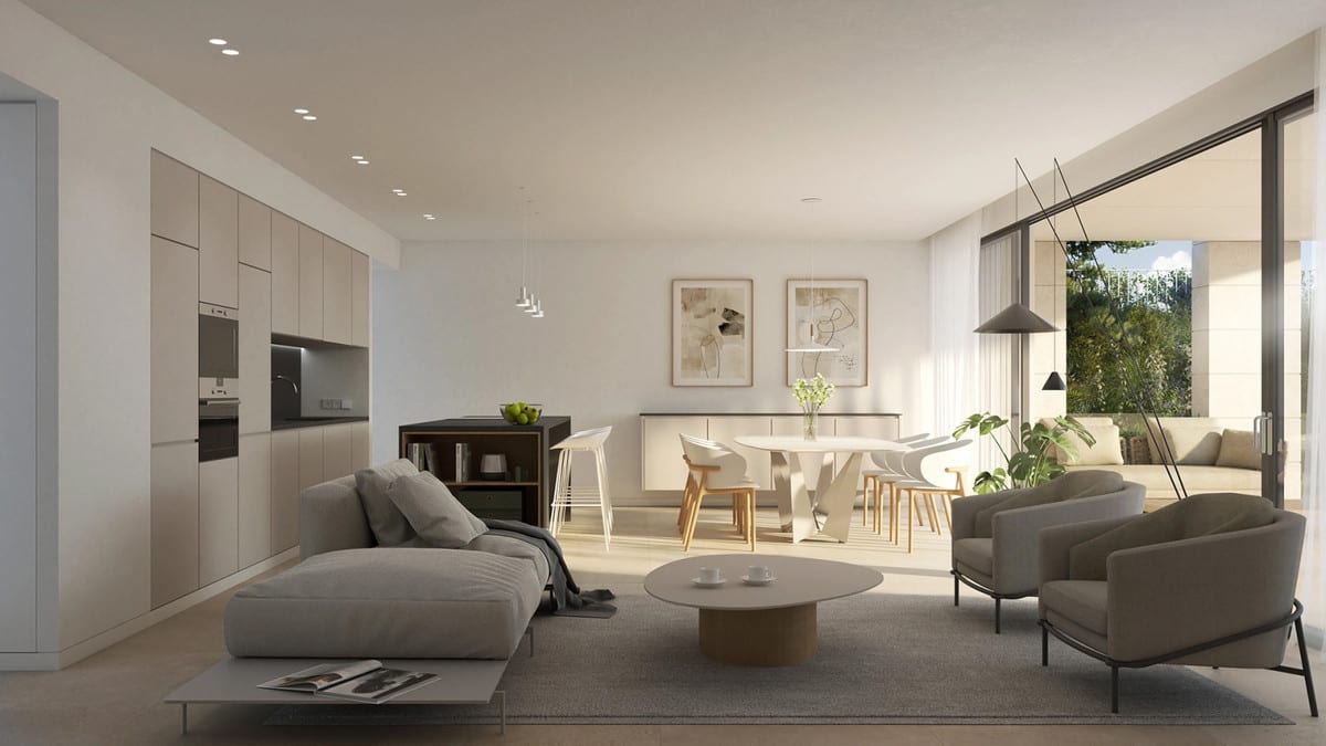 Project visualisation — SIRA HOMES: Living and dining area with fitted kitchen and pale seating.