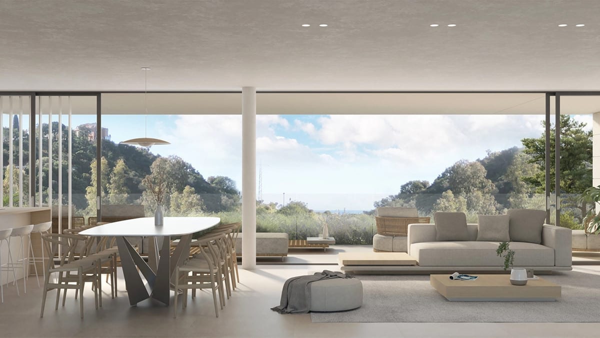 Project visualisation — SIRA HOMES: Living room opening onto a furnished terrace with wooded views.