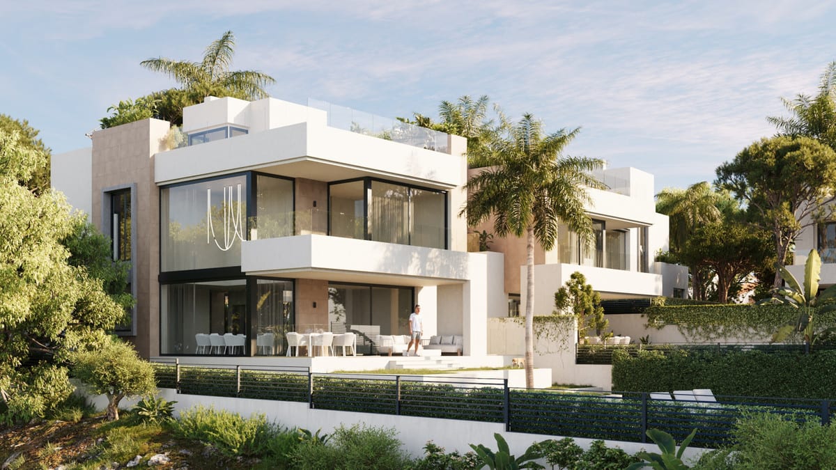 Project visualisation — SIROCCO VILLAS: White façades, large windows, covered terraces and garden planting.
