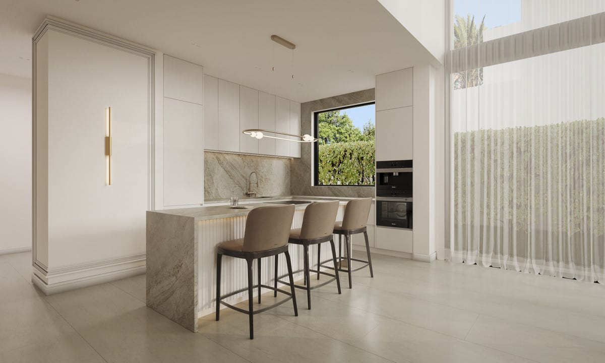 Kitchen visualisation of SIROCCO VILLAS with fitted cabinetry, worktop area and natural light.