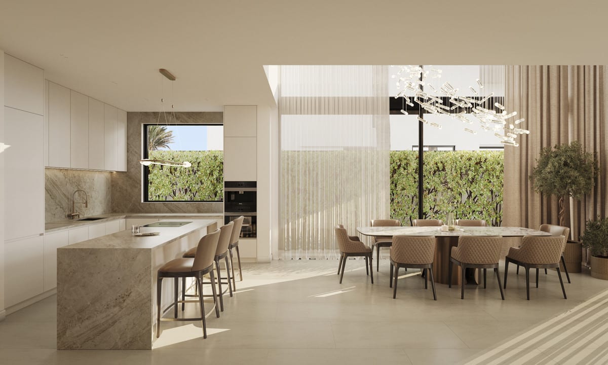 Project visualisation — SIROCCO VILLAS: Open kitchen and dining area with a stone island, bar stools and a sculptural pendant light.