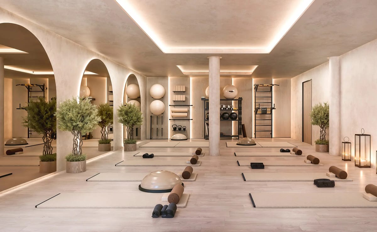 Project visualisation of SOLAIA featuring a training studio with exercise mats, foam rollers, BOSU trainers, large fitness balls in arched niches, a wall rack with training equipment and warm indirect ceiling lighting.