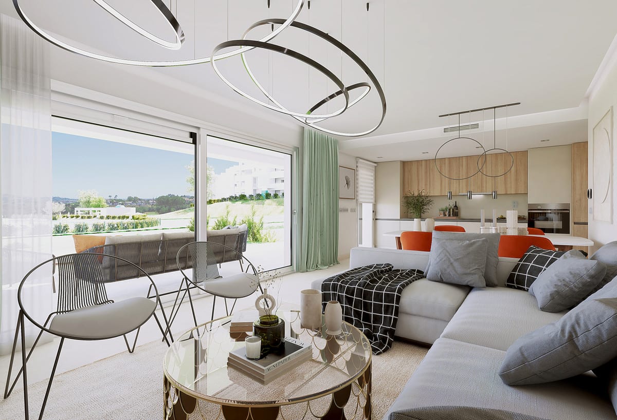Project visualisation of SOLANA VILLAGE featuring a living room, round glass coffee table, grey sofa, ring-shaped pendant lights, open-plan kitchen with wooden cabinets and sliding glass doors to a terrace.