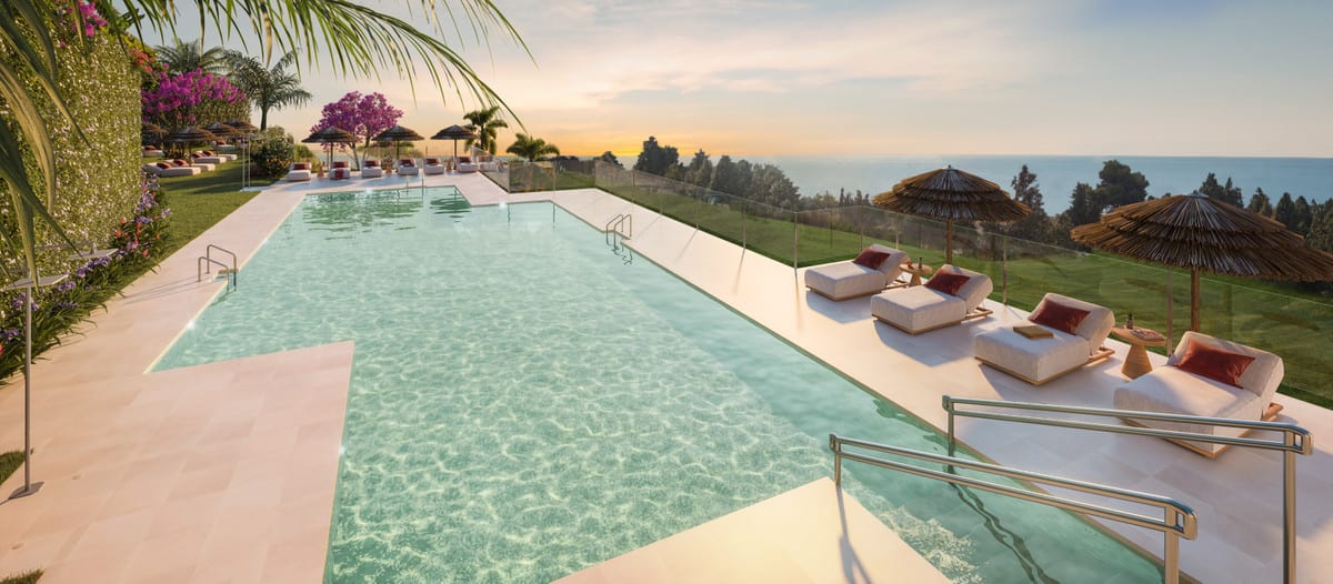 Rendered project visualisation of SOLEIA LIVING with a long swimming pool, light terrace flooring, metal railings, sun loungers and woven parasols at sunset.