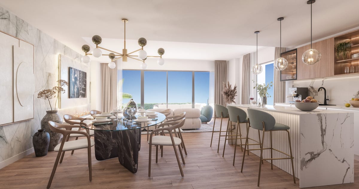 Rendered interior visualisation of SOLEIA LIVING with an oval glass dining table, designer chairs, a kitchen island with a marble-look worktop, bar stools and large sliding glass doors.