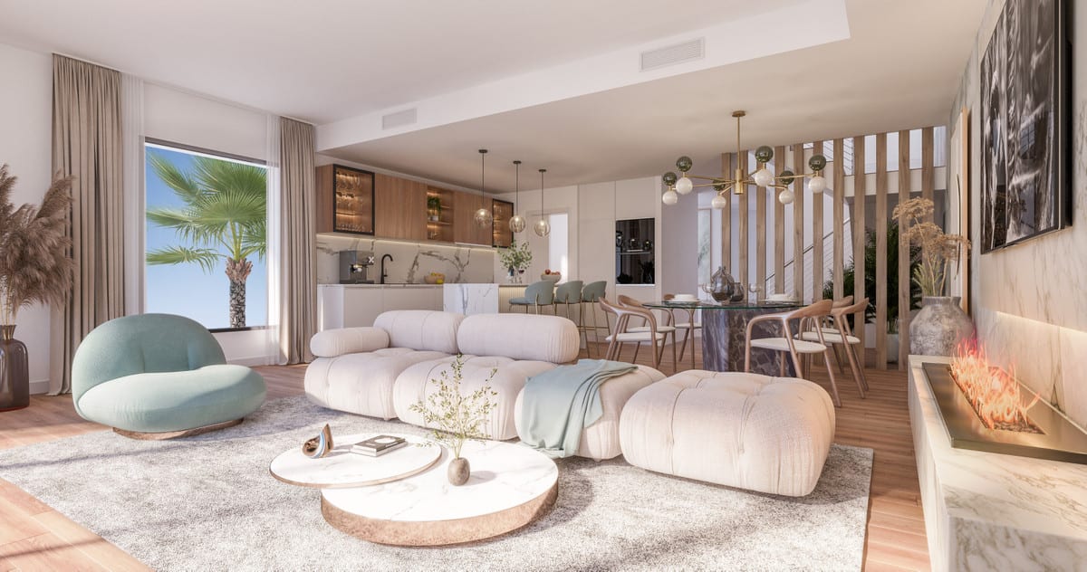 Rendered interior visualisation of SOLEIA LIVING with a light modular seating area, round marble-look coffee table, open kitchen, dining table and a linear fireplace in a marble-look wall.