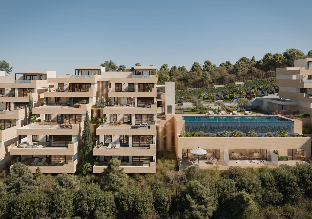 Project visualisation of SOLEIL featuring stacked buildings with sand-coloured façades, planted terraces on several levels, a rectangular swimming pool at podium level and a wooded hillside in the background.