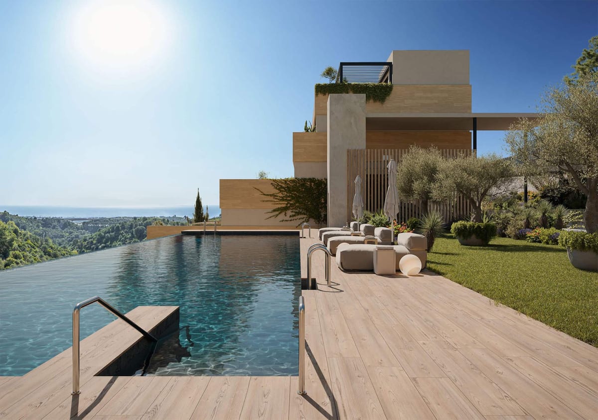 Project visualisation of SOLEIL featuring an infinity pool, wooden decking, modular lounge seating, a parasol and an open landscape horizon.