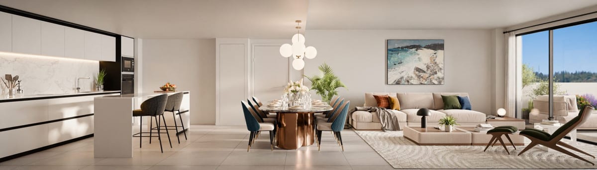 Interior visualisation of SOLEIL featuring a white open-plan kitchen with an island, rectangular dining table with a copper base, pendant light with globe bulbs, seating area and a large window with outdoor views.