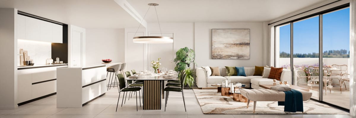 Interior visualisation of SOLEIL featuring a white open-plan kitchen, rectangular dining table with green chairs, ring-shaped pendant light, corner sofa and glazed sliding doors leading to a furnished terrace.