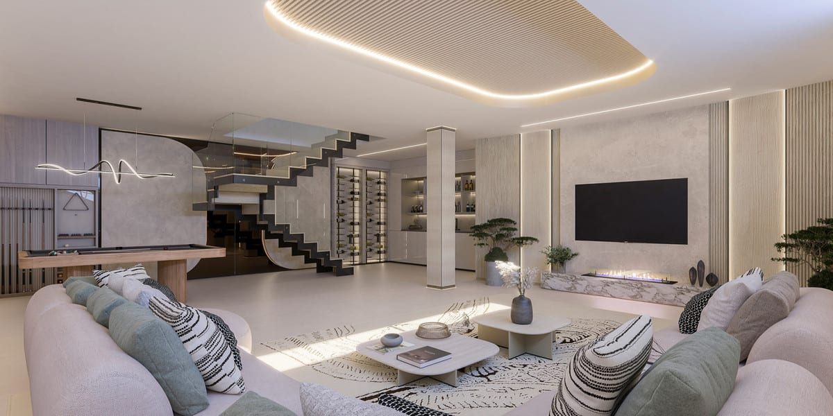 Rendered interior visualisation of SOLENNE with a seating area, billiard table, staircase with glass balustrade, wall-mounted television and illuminated wine cabinet.