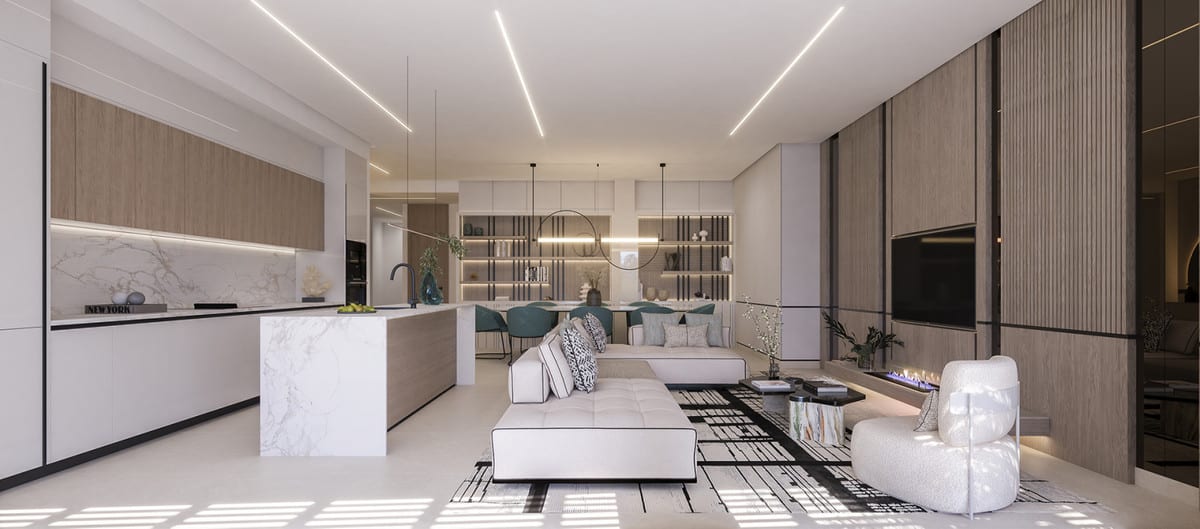Rendered interior visualisation of SOLENNE with an open-plan kitchen, white marble-look island, dining area and seating area with a wall-mounted television.