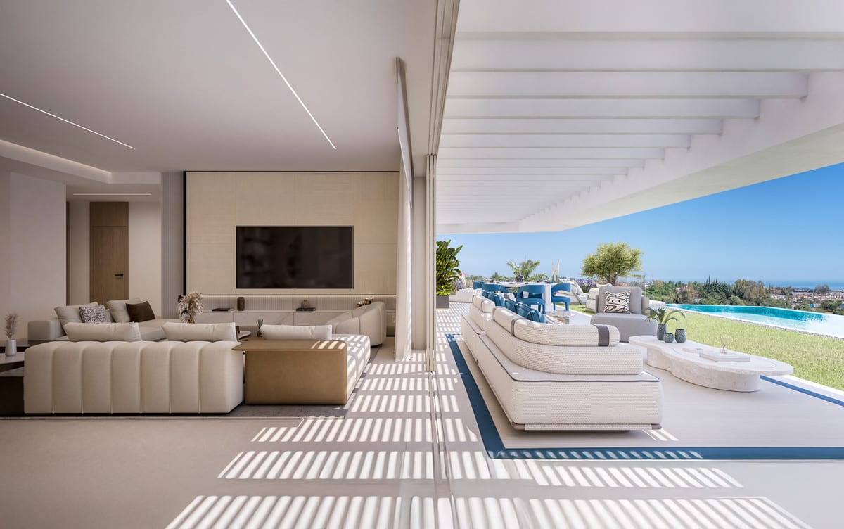 Rendered project visualisation of SOLENNE with an indoor seating area connected via a covered terrace to lounge furniture, lawn and swimming pool.