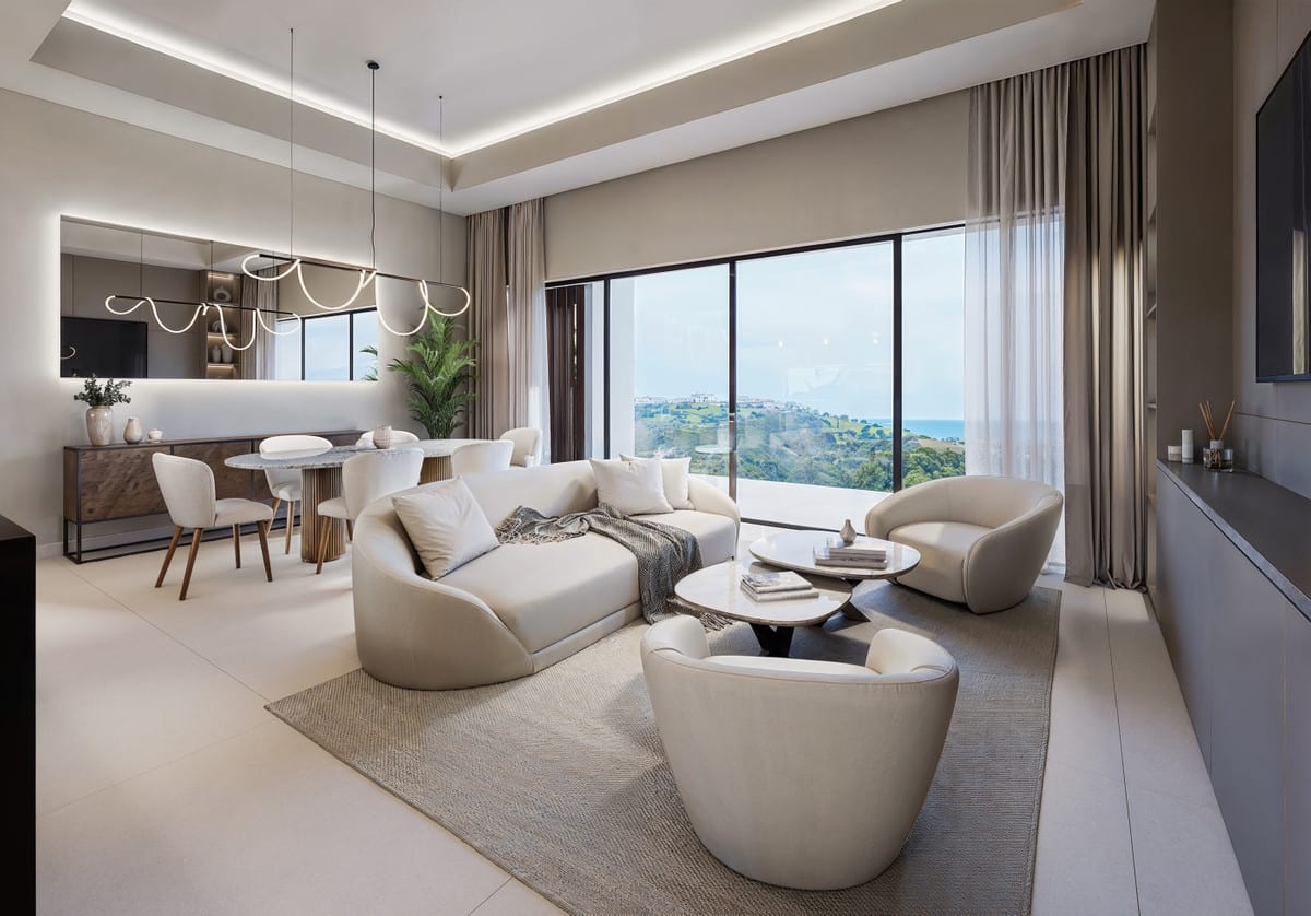 Rendered interior where the living and dining area connects to a wide glass facade with views of greenery and sea.