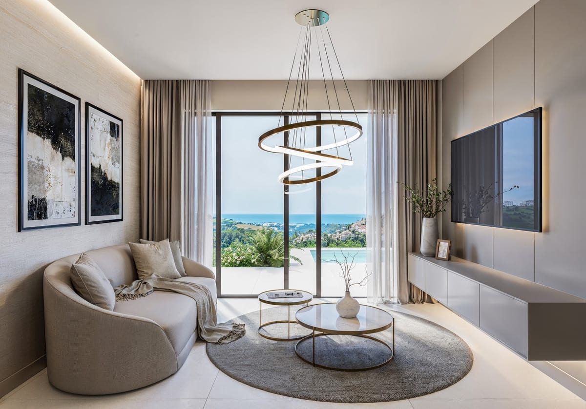 Rendered seating area with soft beige tones, a triple ring pendant lamp and terrace access via a glass sliding door.