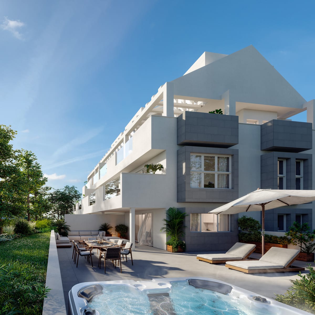 Project visualisation of STELLA 8 with a terrace, hot tub, sun loungers with parasol, dining table and grey-and-white façade details.
