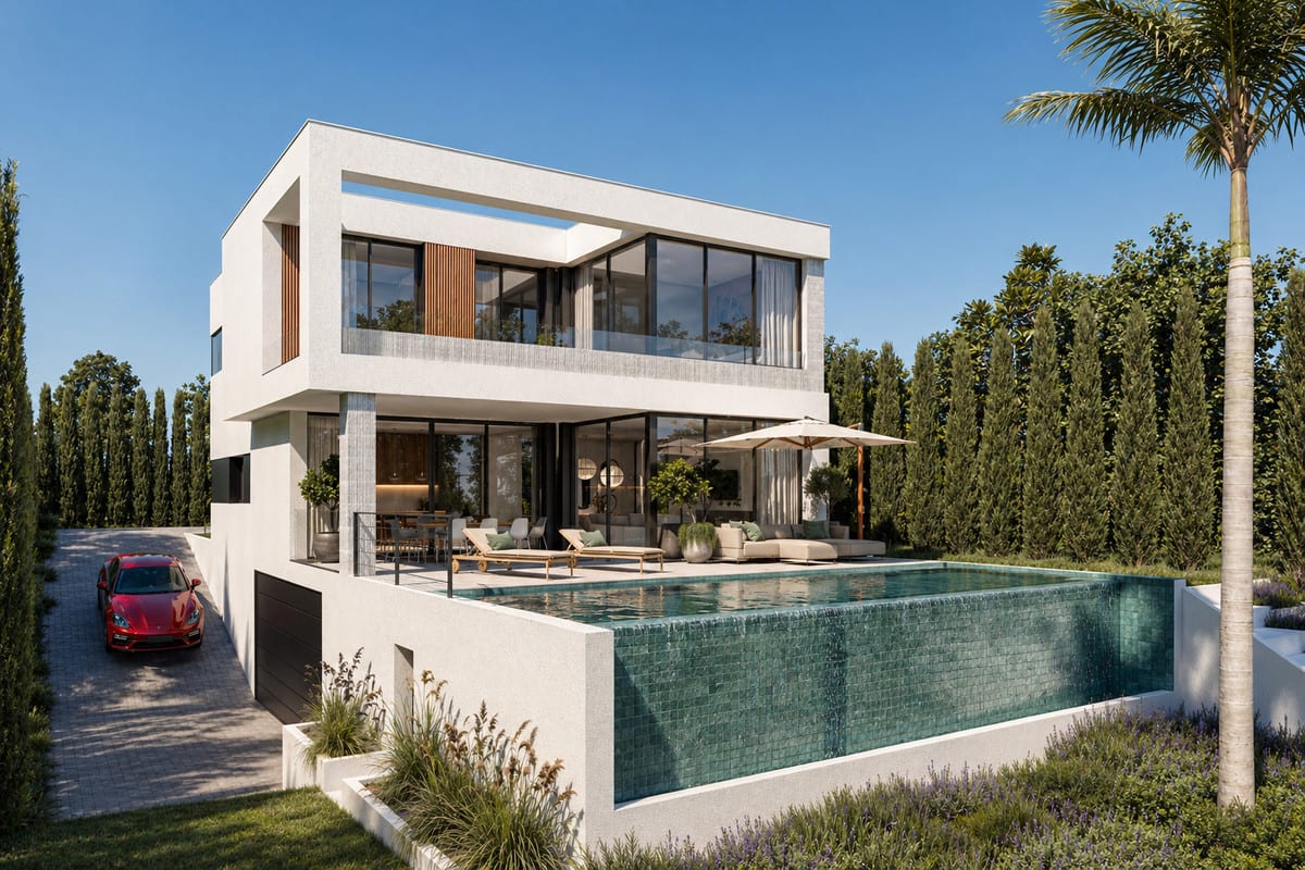 Oblique exterior visualisation of STUPA - VILLA METTA with a furnished pool terrace, parasol and tall planting.