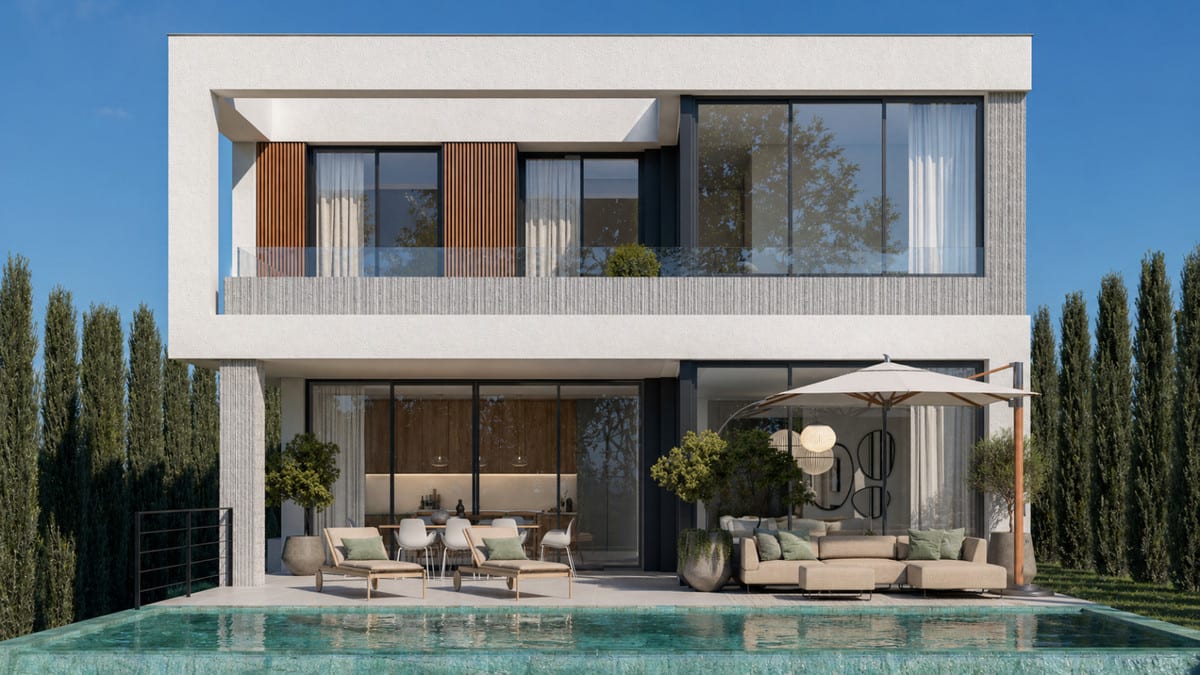 Front view of the terrace and pool of STUPA - VILLA METTA, showing light-coloured facades, wooden accents and outdoor furniture.
