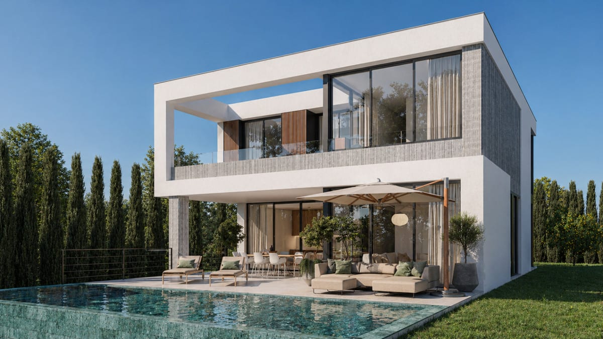 Oblique exterior visualisation of STUPA - VILLA METTA with a terrace, loungers, parasol, swimming pool and lawn.