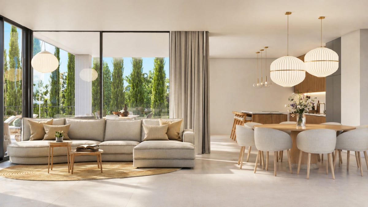 Living-space visualisation of STUPA - VILLA METTA with an open seating area, dining area and kitchen beneath pendant lights.
