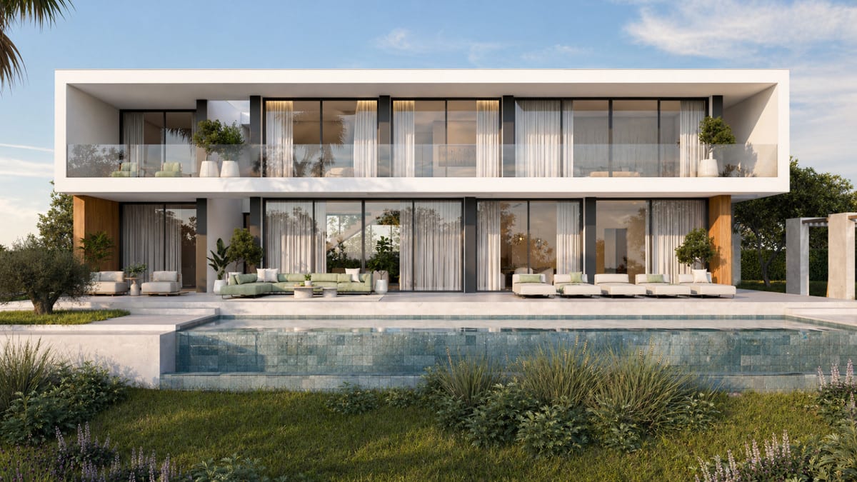 Project visualisation of STUPA - VILLA PRANA with exterior architecture, terraces and landscaped outdoor space.