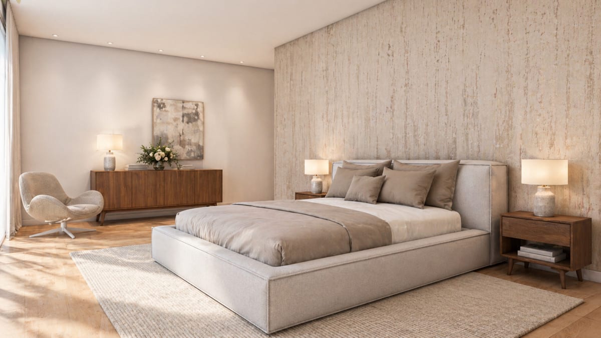 STUPA - VILLA PRANA: Bedroom with a double bed and wall finishes.