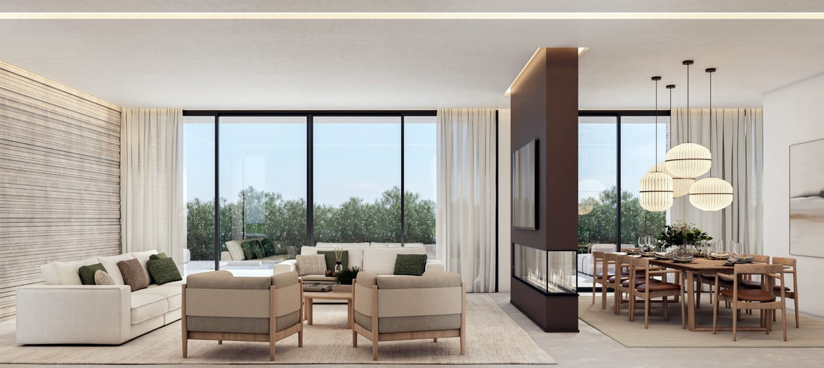 Visualisation of STUPA - VILLA YANG’s living and dining area, divided by a central fireplace and opening onto the terrace.