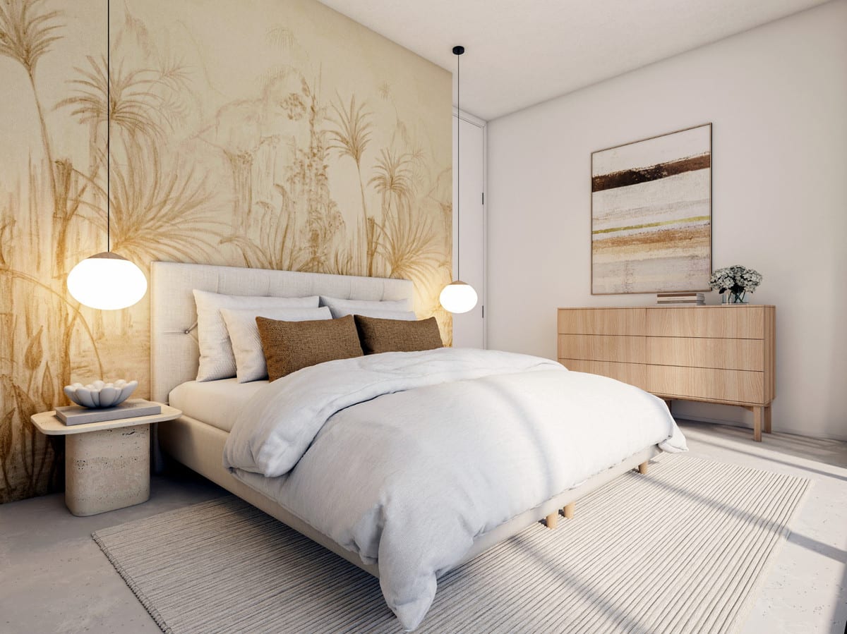 Bedroom visualisation of STUPA - VILLA YANG with botanical wall decoration, round pendant lamps and wooden furniture.