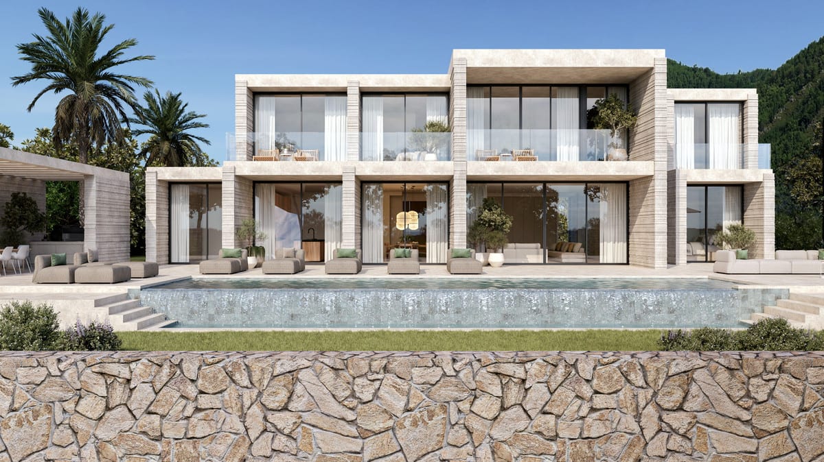 Rear exterior visualisation of STUPA - VILLA YANG with terraces on two levels, glass balustrades and a long swimming pool.