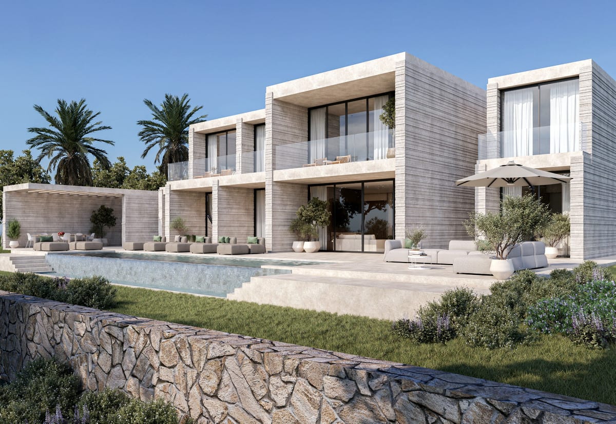 Angled exterior visualisation of STUPA - VILLA YANG with terraces, outdoor seating, palm trees and a swimming pool.