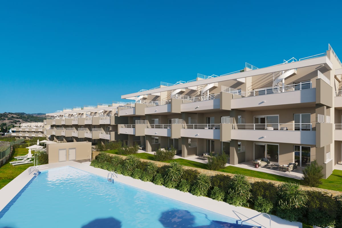 Project visualisation of SUNNY GOLF with a rectangular outdoor swimming pool in the foreground, sun loungers with parasols, green planting and a multi-part building complex with balconies and metal balustrades.
