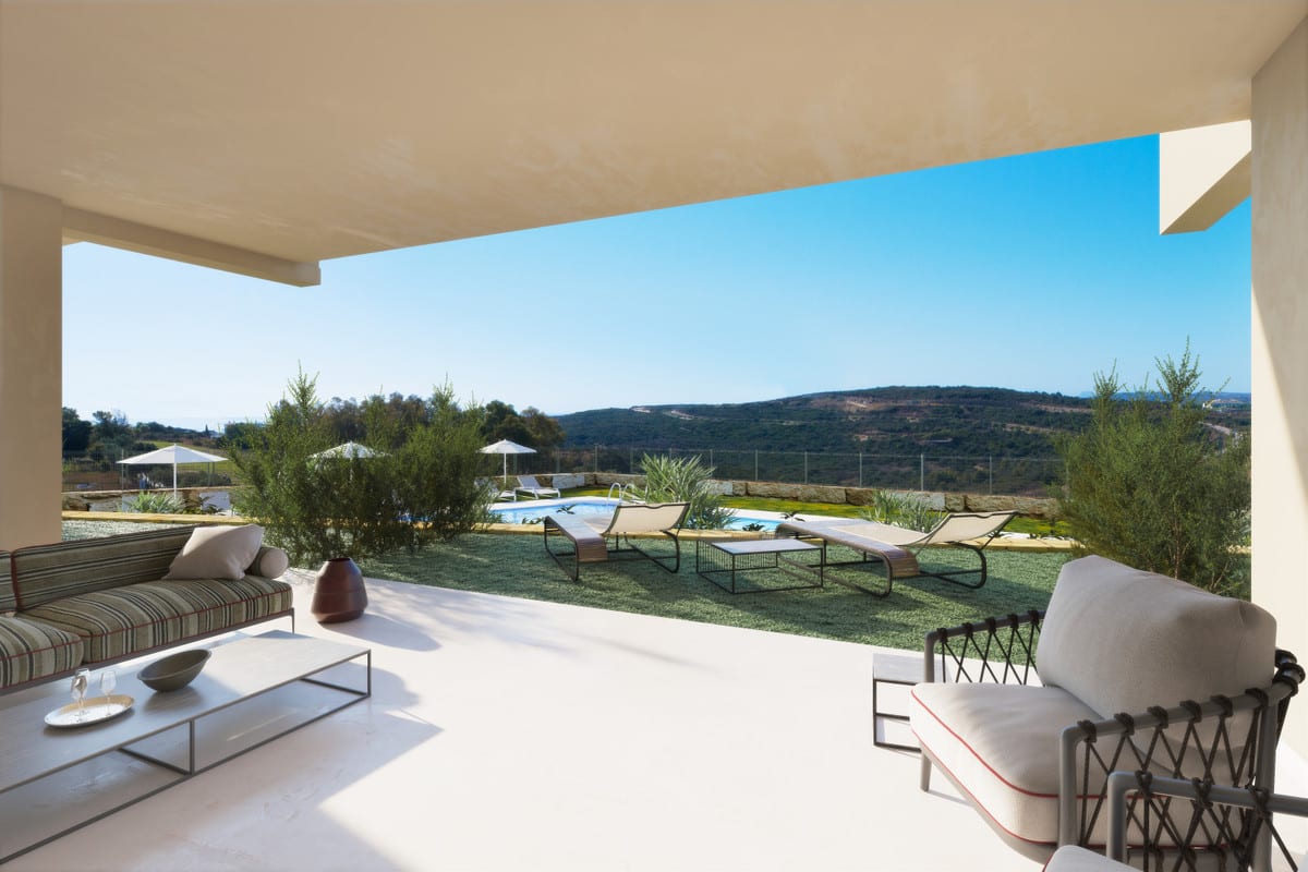 Project visualisation of SUNNY GOLF with a covered terrace, a striped lounge sofa, coffee table, two sun loungers, parasols and a swimming pool with a hilly landscape in the background.