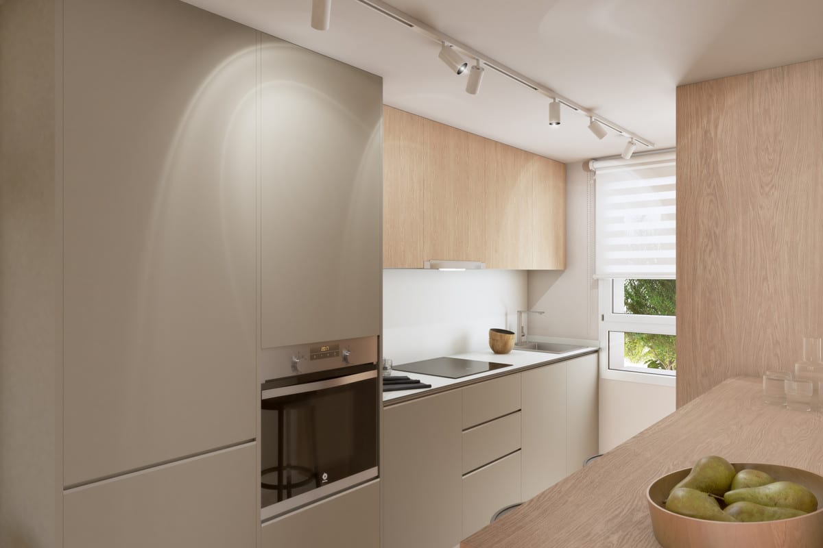 Project visualisation of the kitchen at SUNNY GOLF with light beige base cabinets, wooden wall cabinets, built-in oven, hob, sink, track lighting and a roller blind at the window.