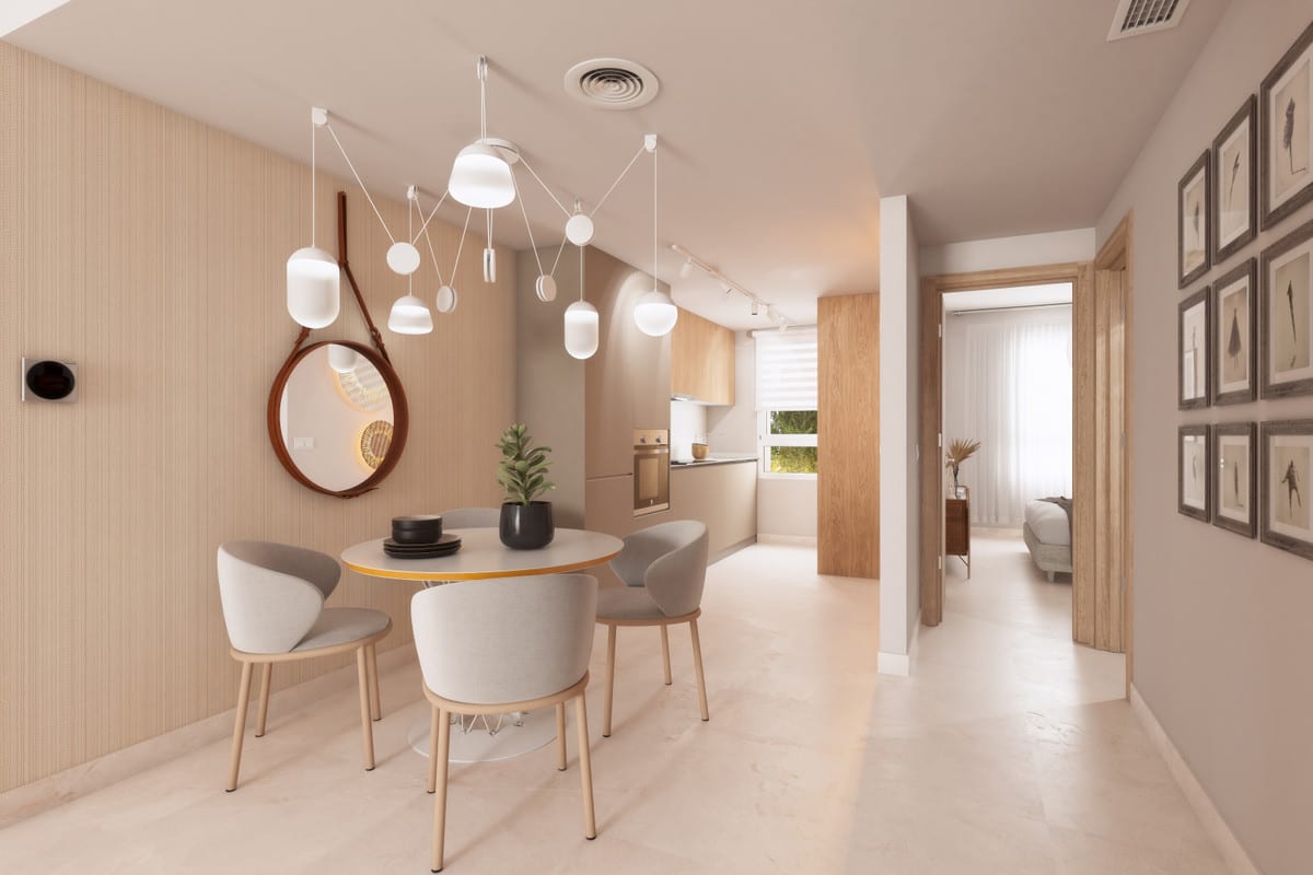 Project visualisation of the dining and living area at SUNNY GOLF with a round table, four grey upholstered chairs, one clustered pendant light with white globes on a single ceiling rose, a round mirror with a leather strap and views through to the kitchen and bedroom.