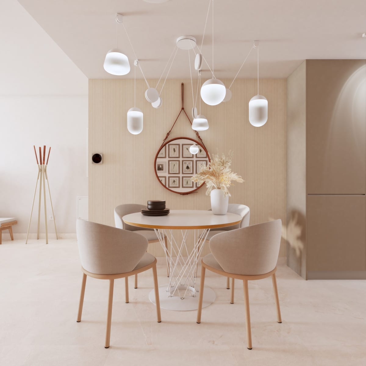 Project visualisation of the dining area at SUNNY GOLF with a round table, four beige upholstered chairs, one sculptural pendant light with white globes on a single ceiling rose, a round mirror with a leather strap and dried flowers in a white vase.