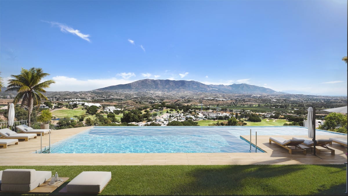 Development visualisation of SUNRISE GOLF RESIDENCES with an infinity pool, wooden sun deck, loungers and a wide panorama of a mountainous landscape.