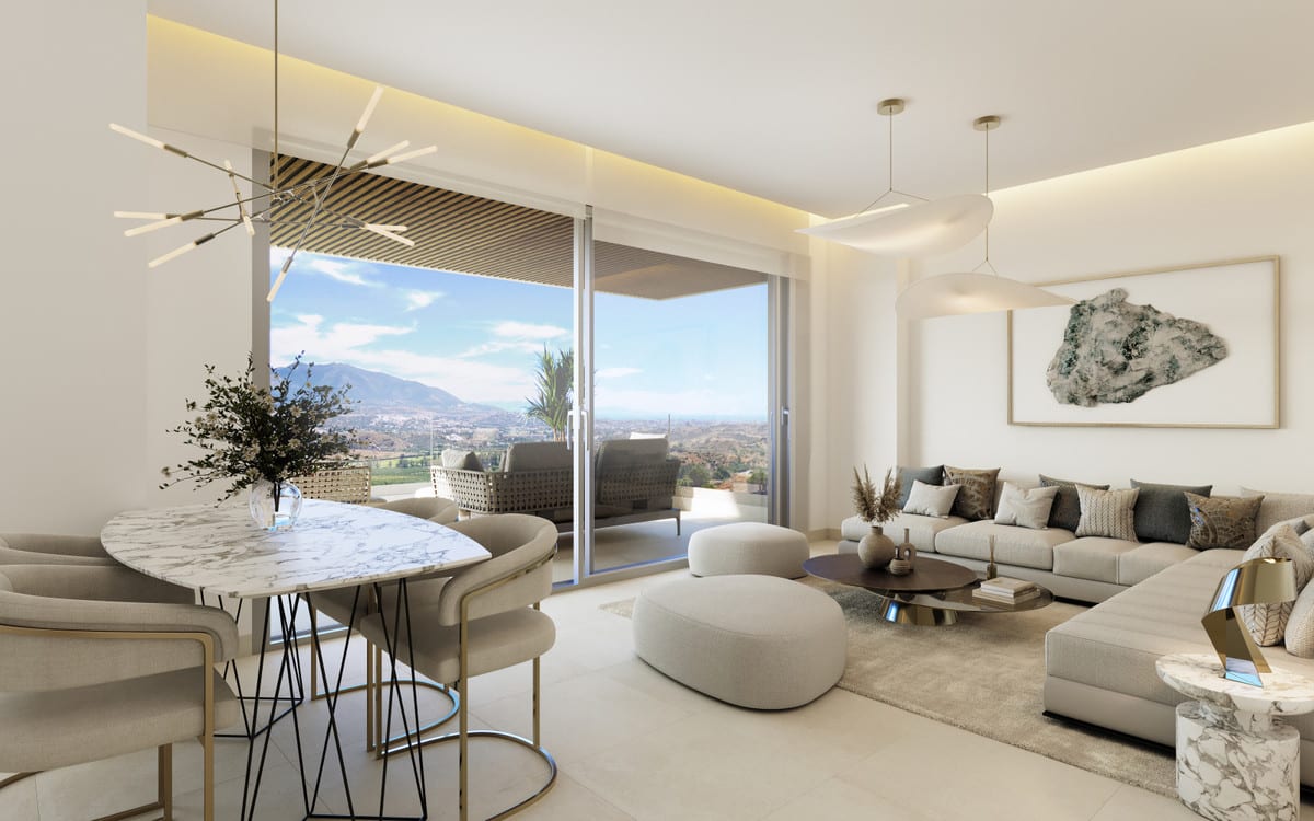 Development visualisation of the living and dining area at SUNRISE GOLF RESIDENCES, with a marble-look dining table, bright seating area and sliding glass doors leading to a terrace with views.