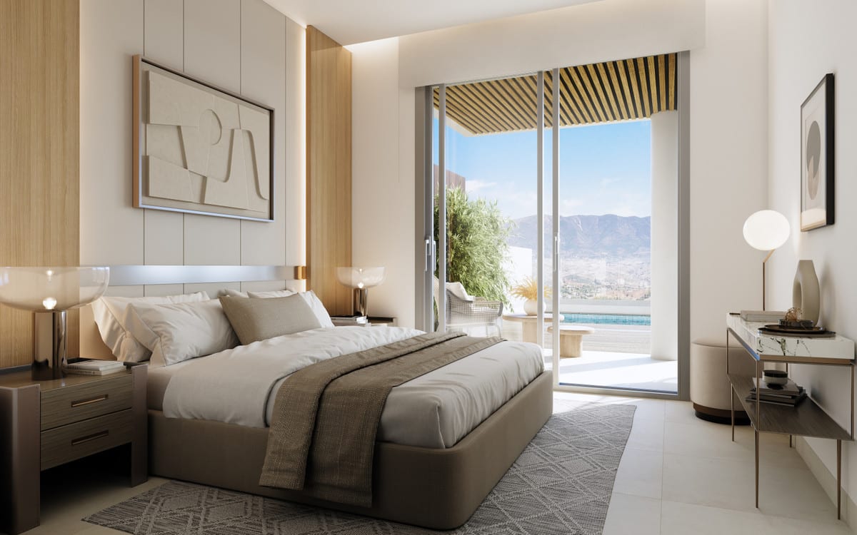 Development visualisation of a bedroom at SUNRISE GOLF RESIDENCES with a double bed, wooden wall panelling, two bedside tables and sliding glass doors leading to a terrace.