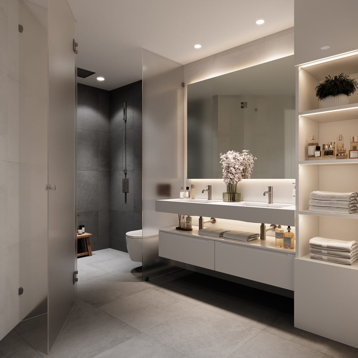 Development visualisation of a bathroom at SUNRISE GOLF RESIDENCES with a walk-in shower behind a glass screen, double vanity unit, large illuminated mirror and illuminated open storage niches.