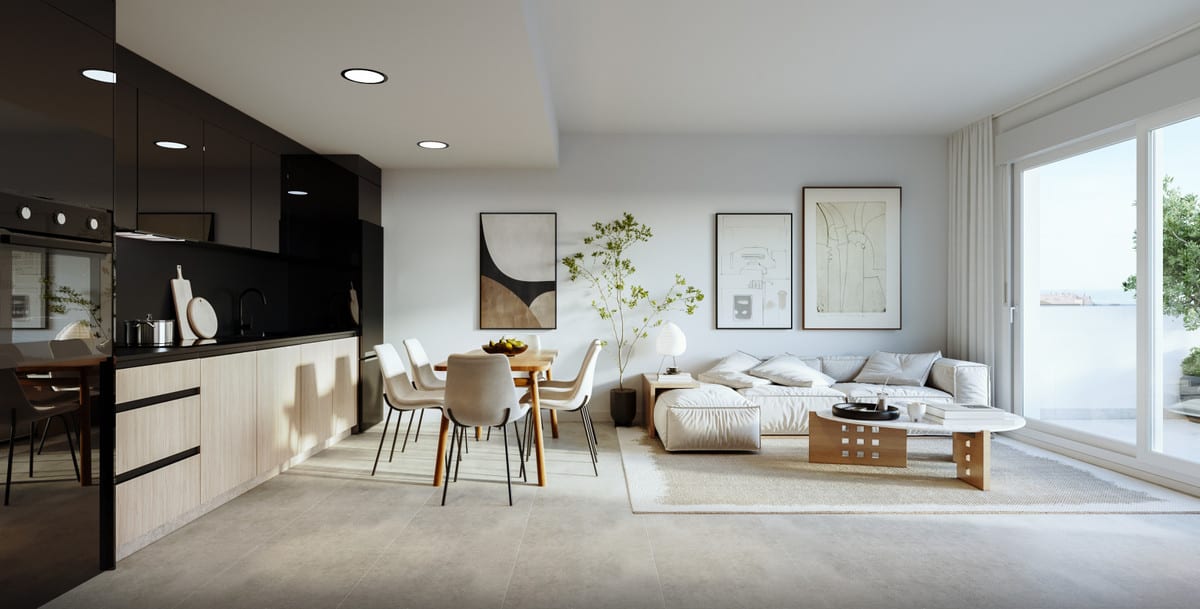 Interior visualisation of SUNSET VIEWS with dark wall units, light wood base units, a wooden dining table, a light seating area and sliding glass doors.