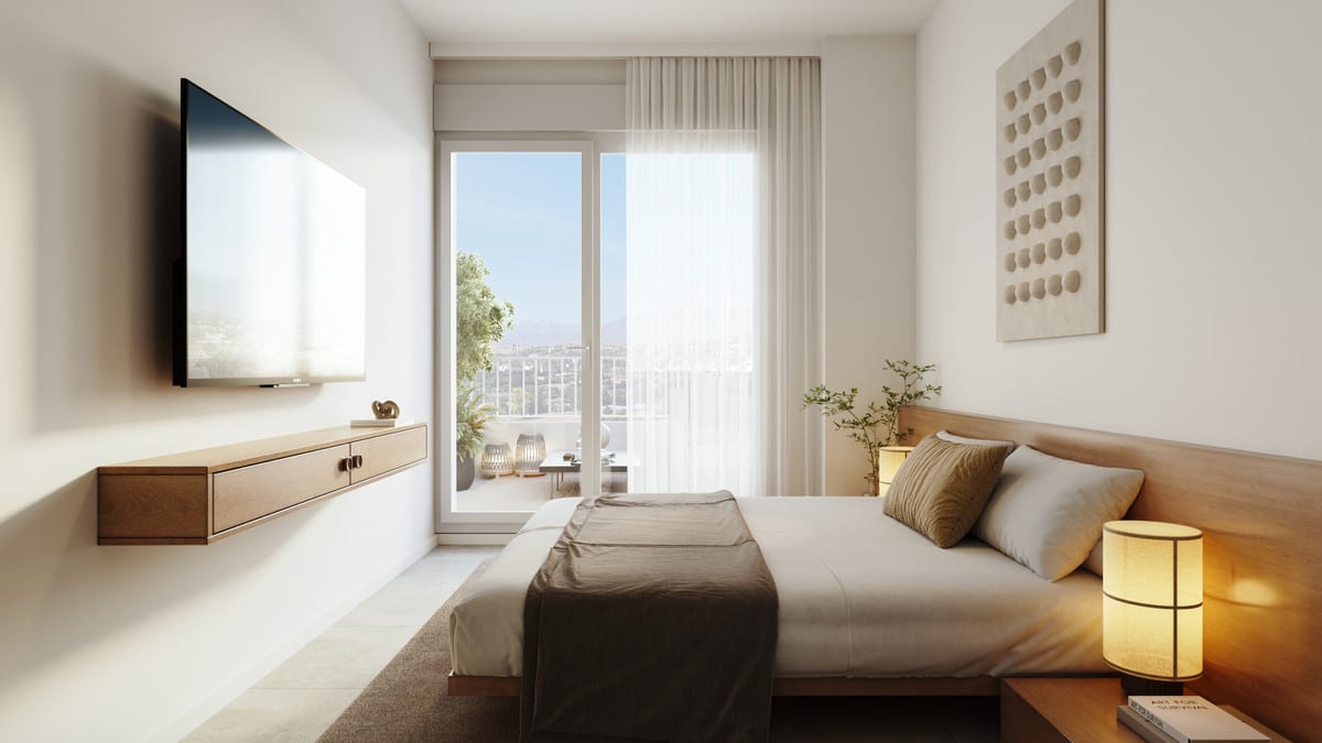 Development visualisation of a bedroom at SUNSET VIEWS with a wooden headboard, floating wooden wall shelf, wall-mounted television and a glass door to a balcony.