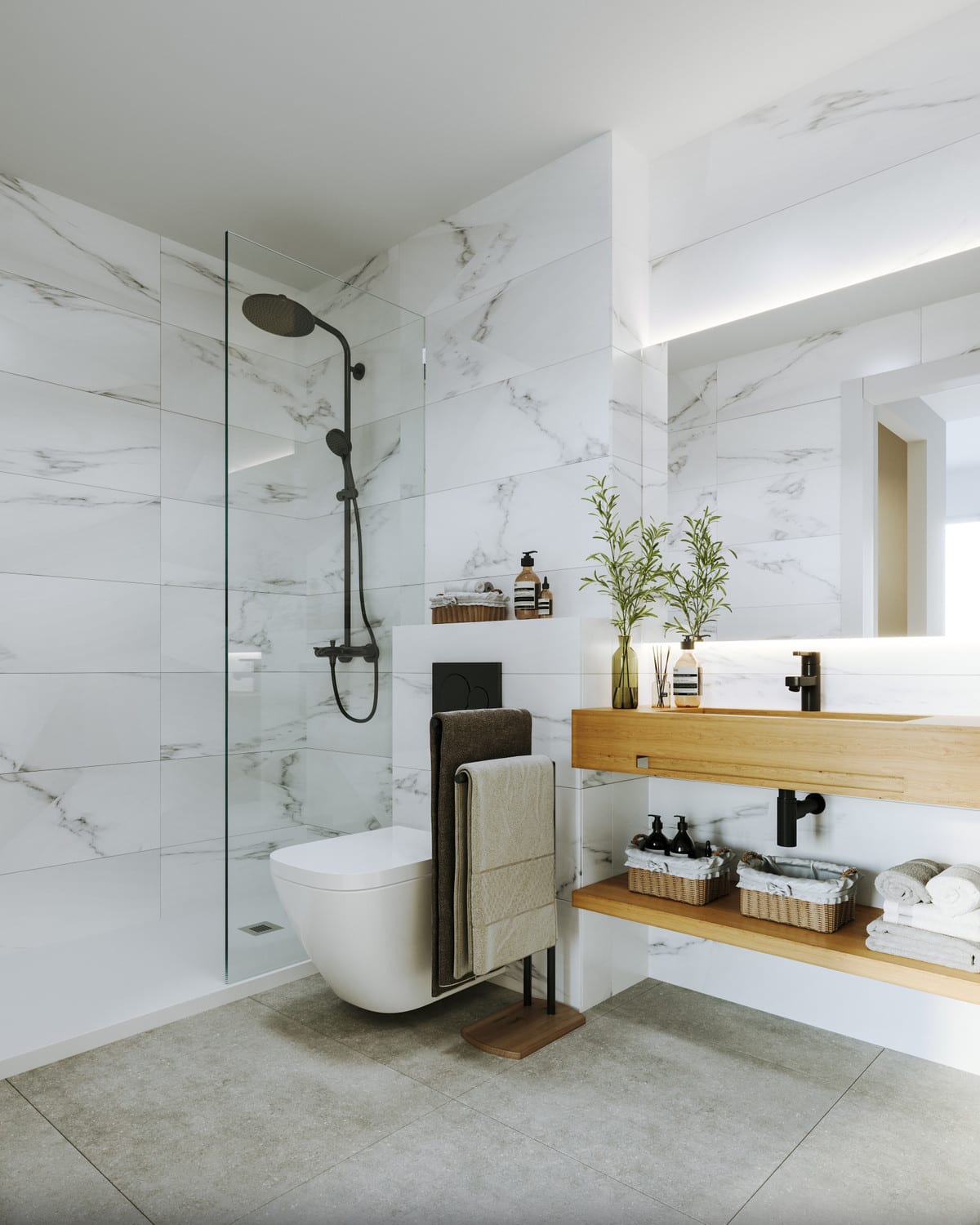 Development visualisation of a bathroom at SUNSET VIEWS with marble-effect wall tiles, a glass shower screen, wall-hung toilet and open wooden shelves with a countertop basin.