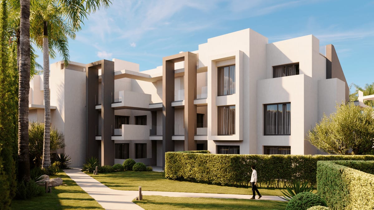 Project visualisation of SUNWAY RESIDENCE with a beige and dark brown façade volume, rectangular windows, a footpath and landscaped planting.