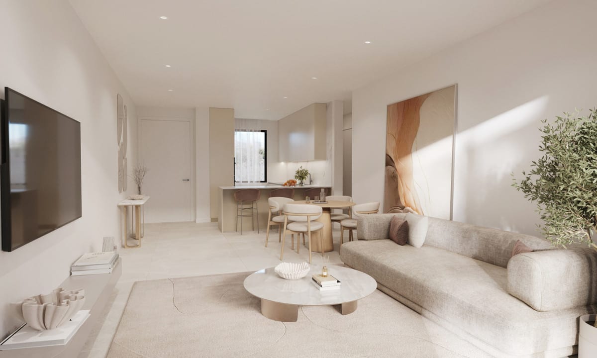 Interior visualisation of SUNWAY RESIDENCE with a light grey sofa, round coffee table, round dining table with chairs, wall-mounted television, large painting and kitchen unit in the background.