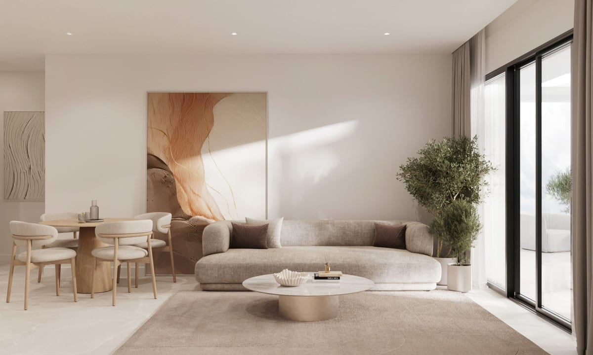 Interior visualisation of SUNWAY RESIDENCE with a light grey sofa, round dining table with white chairs, large abstract painting, houseplant and black-framed glass sliding doors.