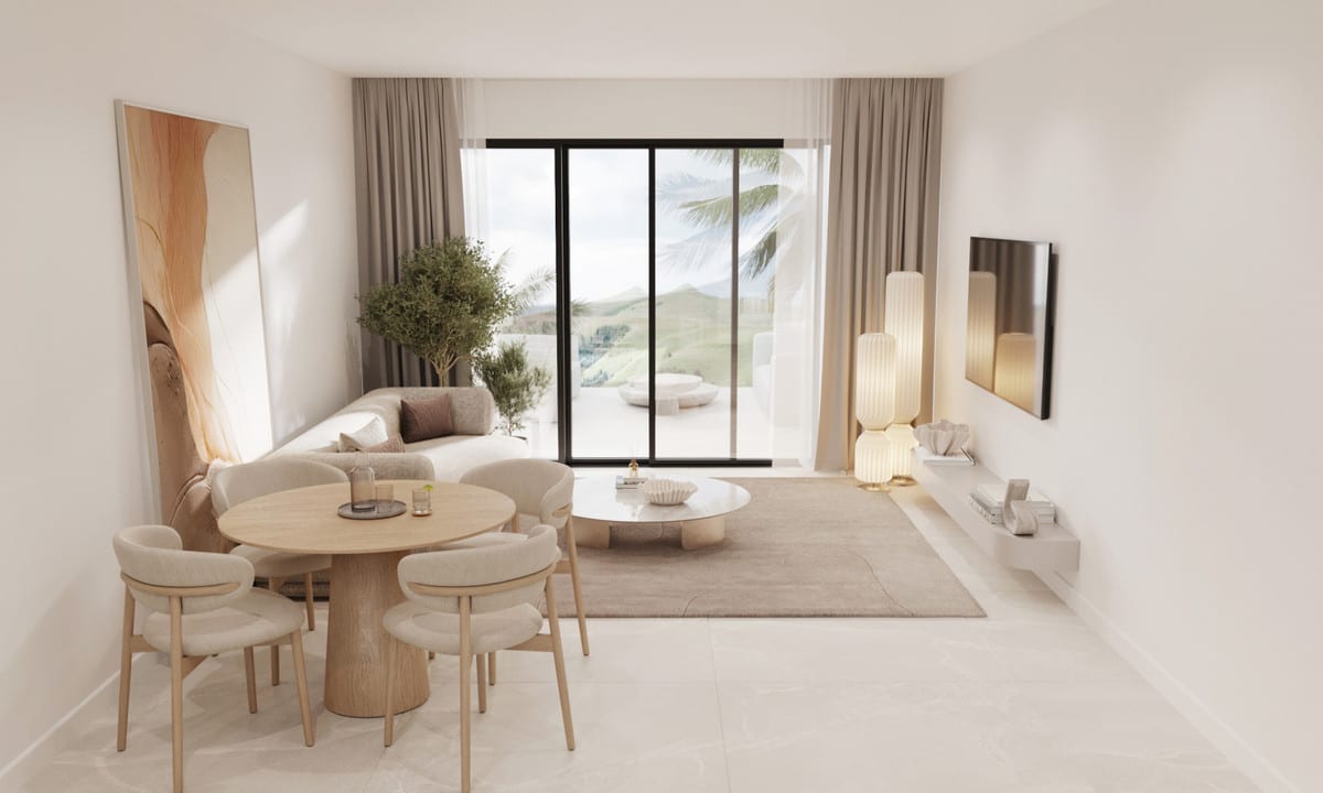 Interior visualisation of SUNWAY RESIDENCE with a round wooden dining table, beige sitting area, round coffee table, wall-mounted television, floor lamp and glass sliding doors with a view outside.